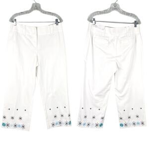 Ann Taylor LOFT Ann Pants Cropped 10 White Embroidered Flowers